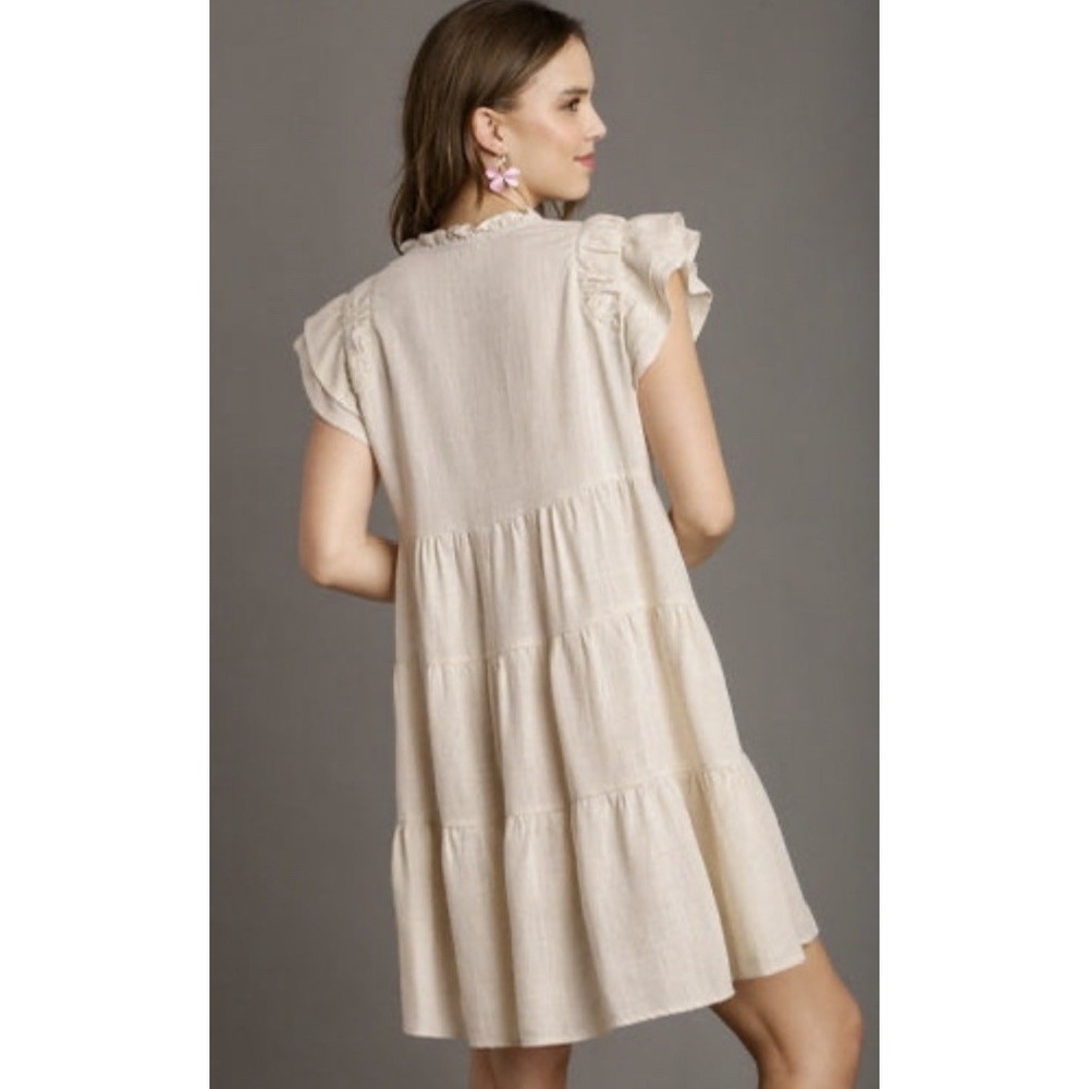 Umgee Dress XL Linen Blend Tiered Mini Boho Beige Ruffle Short Sleeve Summer - Picture 3 of 16